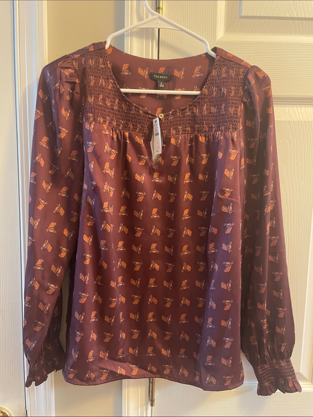 Talbots Purple Long-Sleeve Smocked Yoke Blouse with Orange Print